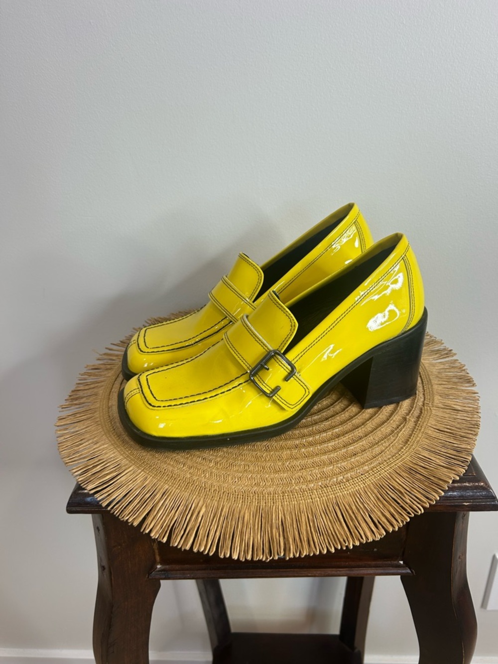 L'INTERVALLE Yellow Patent Buckle Block Heel Loafers❤️9 - Picture 15 of 15